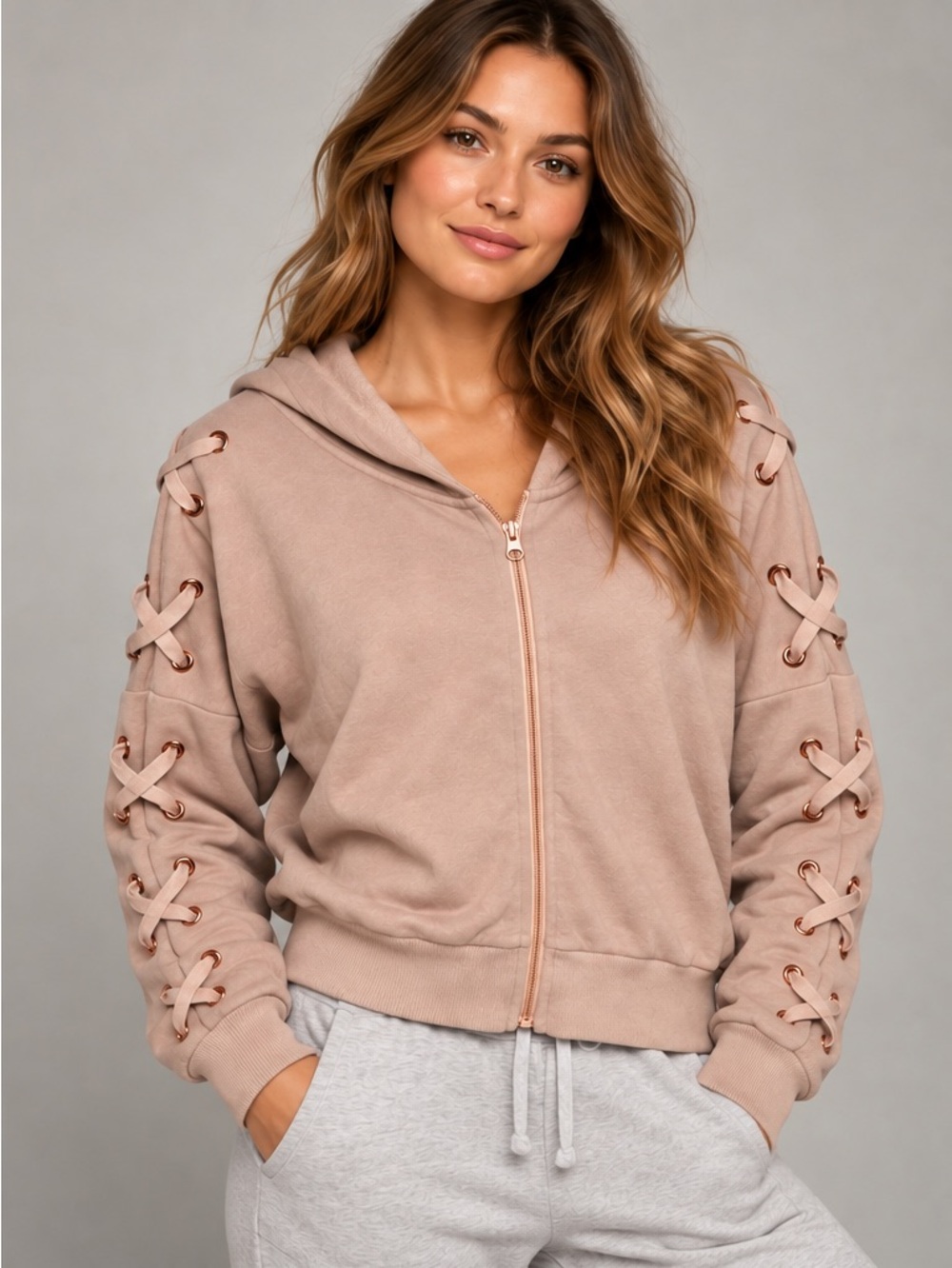 Victoria Sport Blush Pink Lace Up Sleeve Zip Hoodie Jacket Small